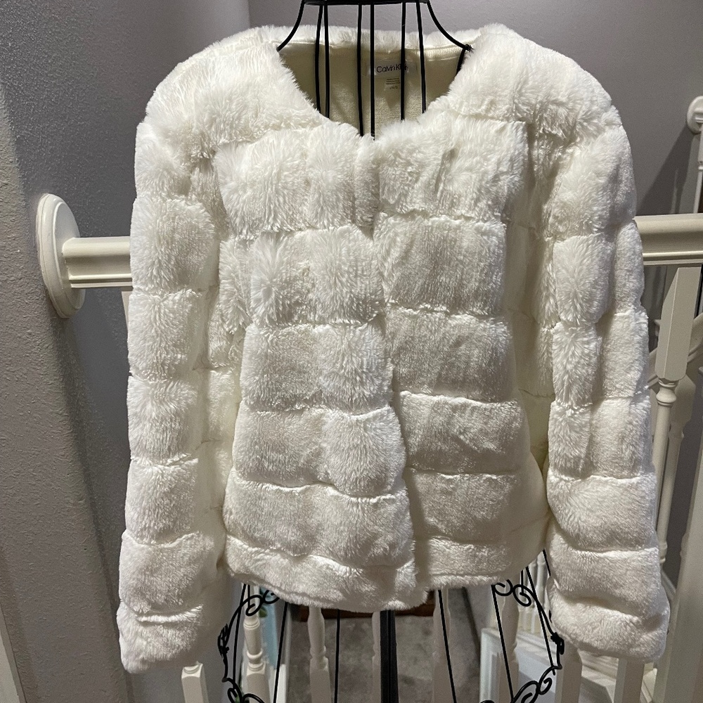 Calvin Klein Off White Faux Fur Open Shrug